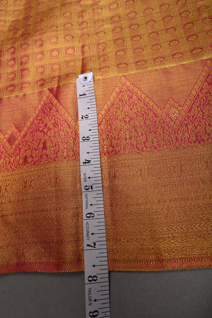 Pink-Gold Dual Tone Zari Checks on Pure Kanjivaram Tissue Silk Saree with Meenakari Zari Brocade and Zari Border | SILK MARK CERTIFIED | SHOBITAM
