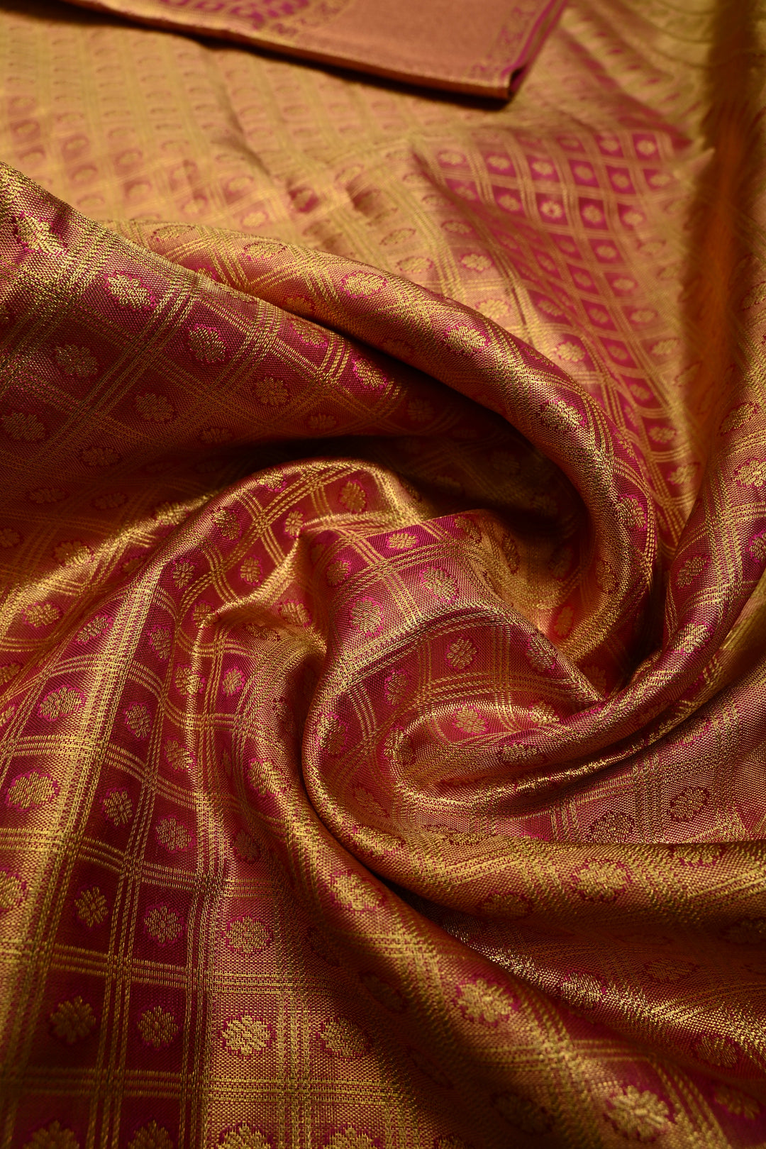 Pink-Gold Dual Tone Zari Checks on Pure Kanjivaram Tissue Silk Saree with Meenakari Zari Brocade and Zari Border | SILK MARK CERTIFIED | SHOBITAM