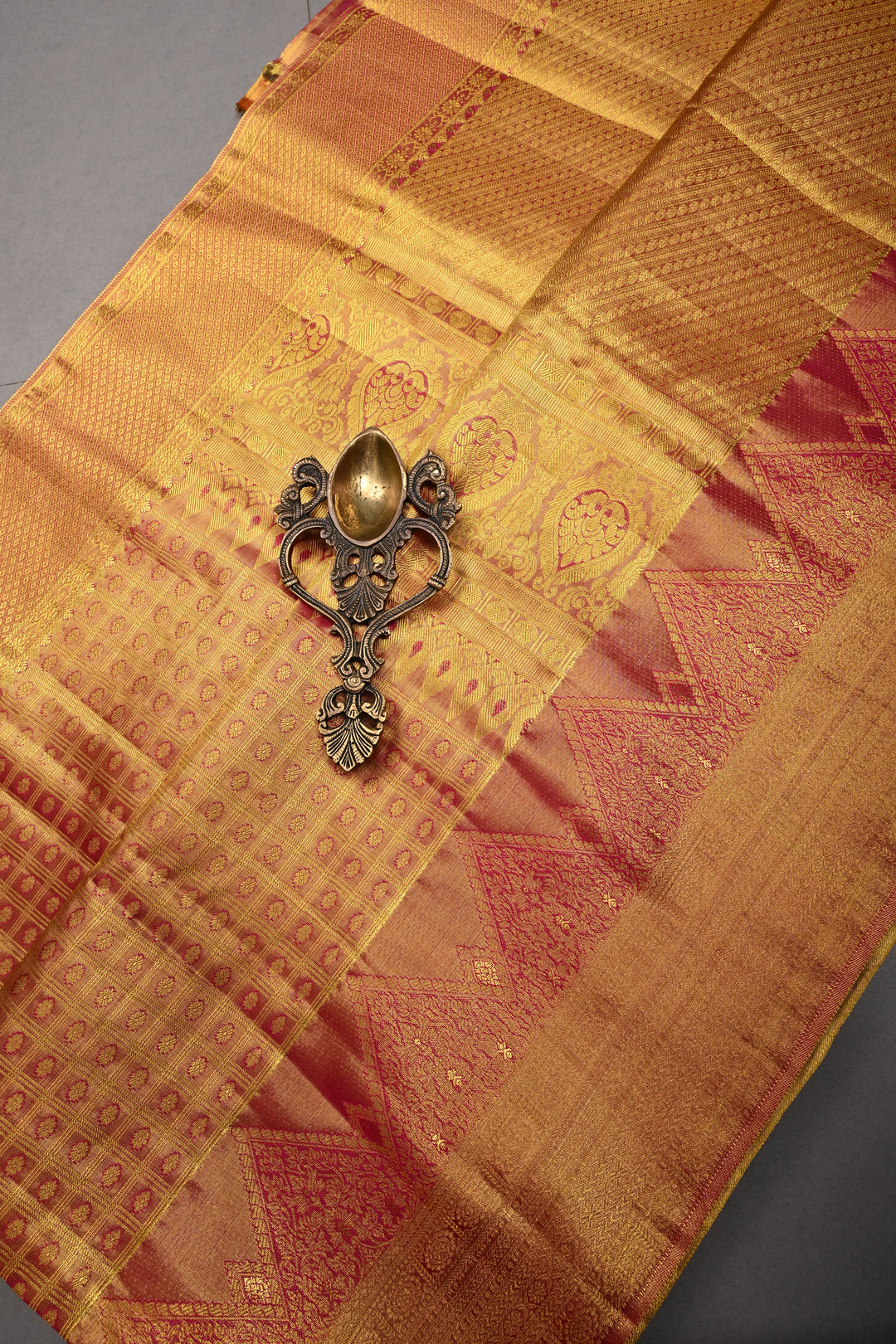 Pink-Gold Dual Tone Zari Checks on Pure Kanjivaram Tissue Silk Saree with Meenakari Zari Brocade and Zari Border | SILK MARK CERTIFIED | SHOBITAM