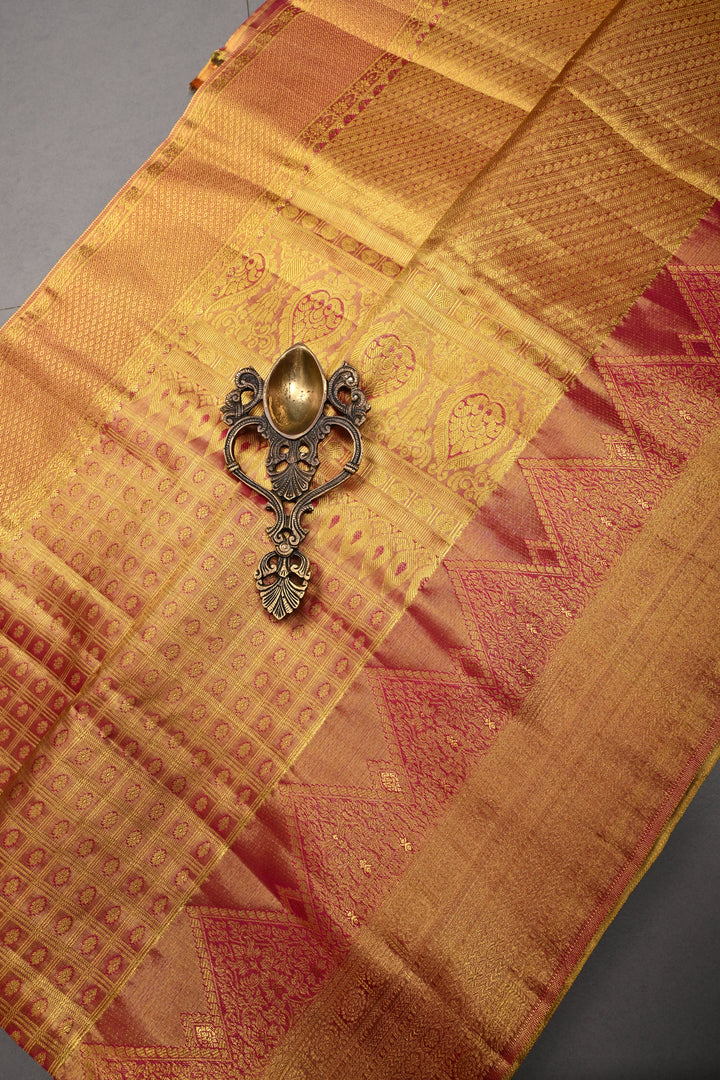 Pink-Gold Dual Tone Zari Checks on Pure Kanjivaram Tissue Silk Saree with Meenakari Zari Brocade and Zari Border | SILK MARK CERTIFIED | SHOBITAM