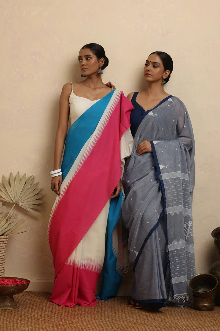 Handloom Grey Pure Cotton Jamdani Saree | SHOBITAM