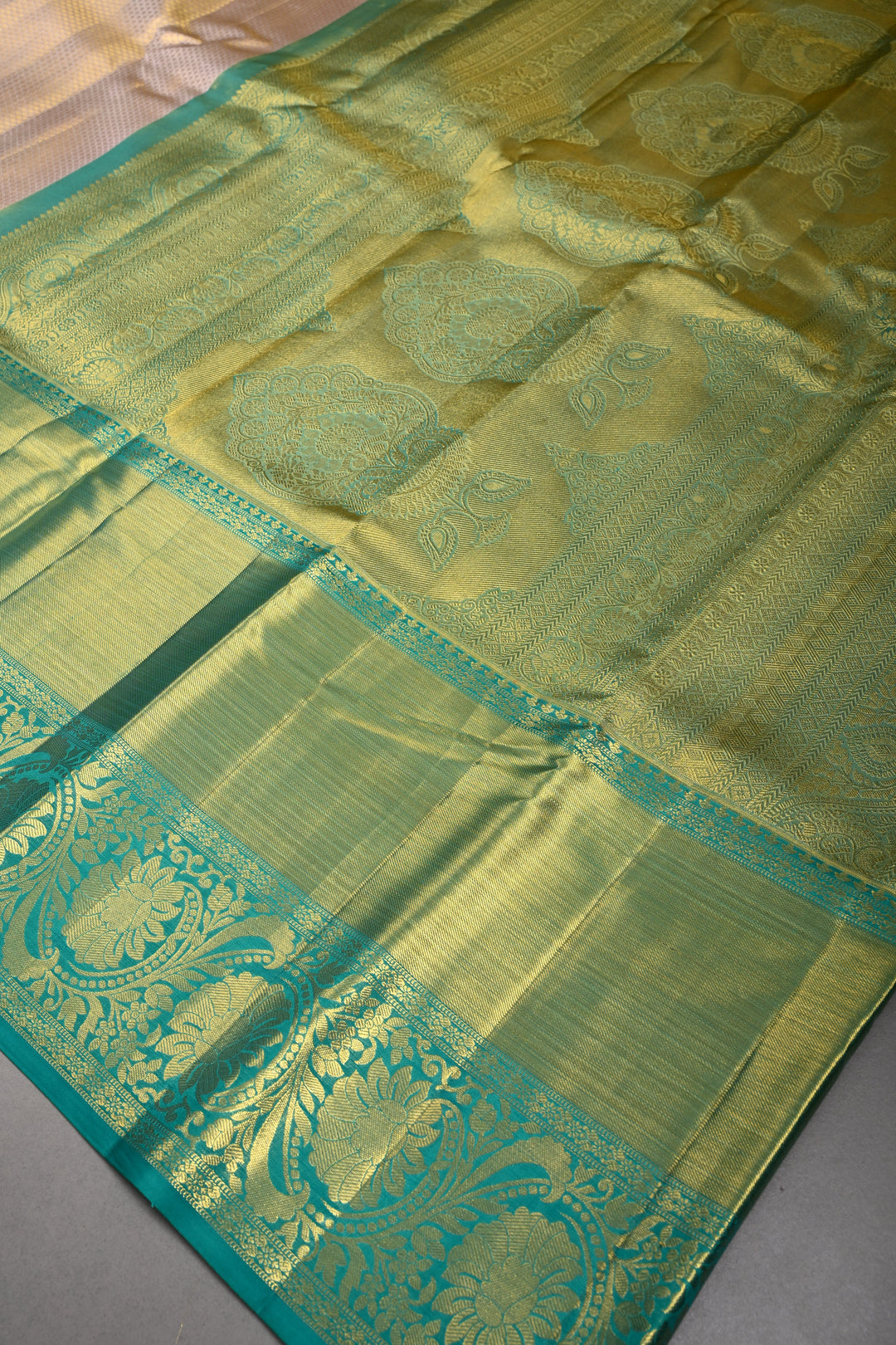 Light Lilac-Gold Pure Kanjivaram Tissue Silk Saree with Geometric Zari Brocade and Contrast Wide Zari Border | SILK MARK CERTIFIED | SHOBITAM