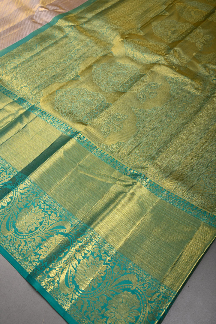 Light Lilac-Gold Pure Kanjivaram Tissue Silk Saree with Geometric Zari Brocade and Contrast Wide Zari Border | SILK MARK CERTIFIED | SHOBITAM
