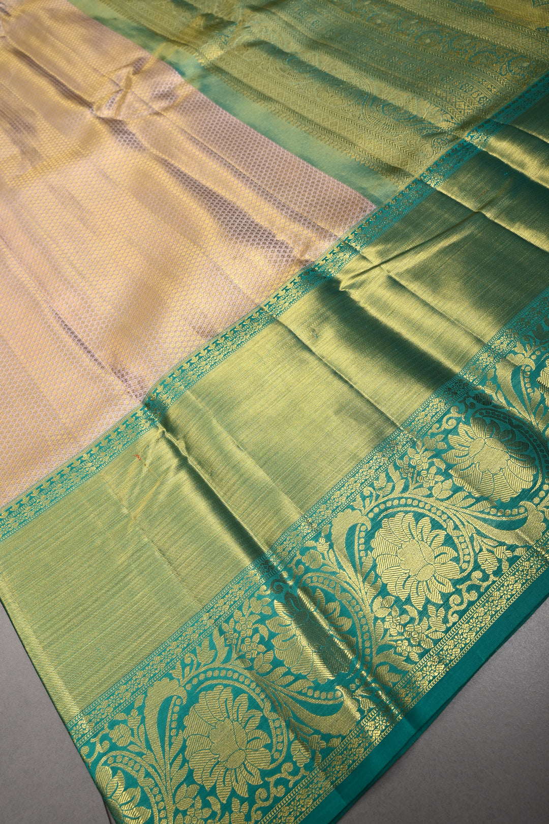 Light Lilac-Gold Pure Kanjivaram Tissue Silk Saree with Geometric Zari Brocade and Contrast Wide Zari Border | SILK MARK CERTIFIED | SHOBITAM