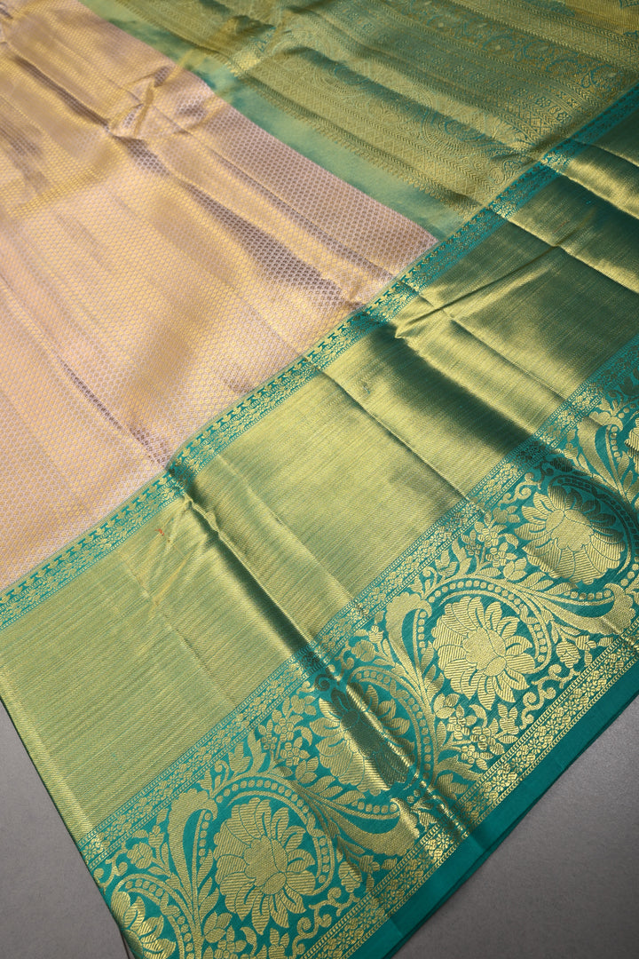 Light Lilac-Gold Pure Kanjivaram Tissue Silk Saree with Geometric Zari Brocade and Contrast Wide Zari Border | SILK MARK CERTIFIED | SHOBITAM