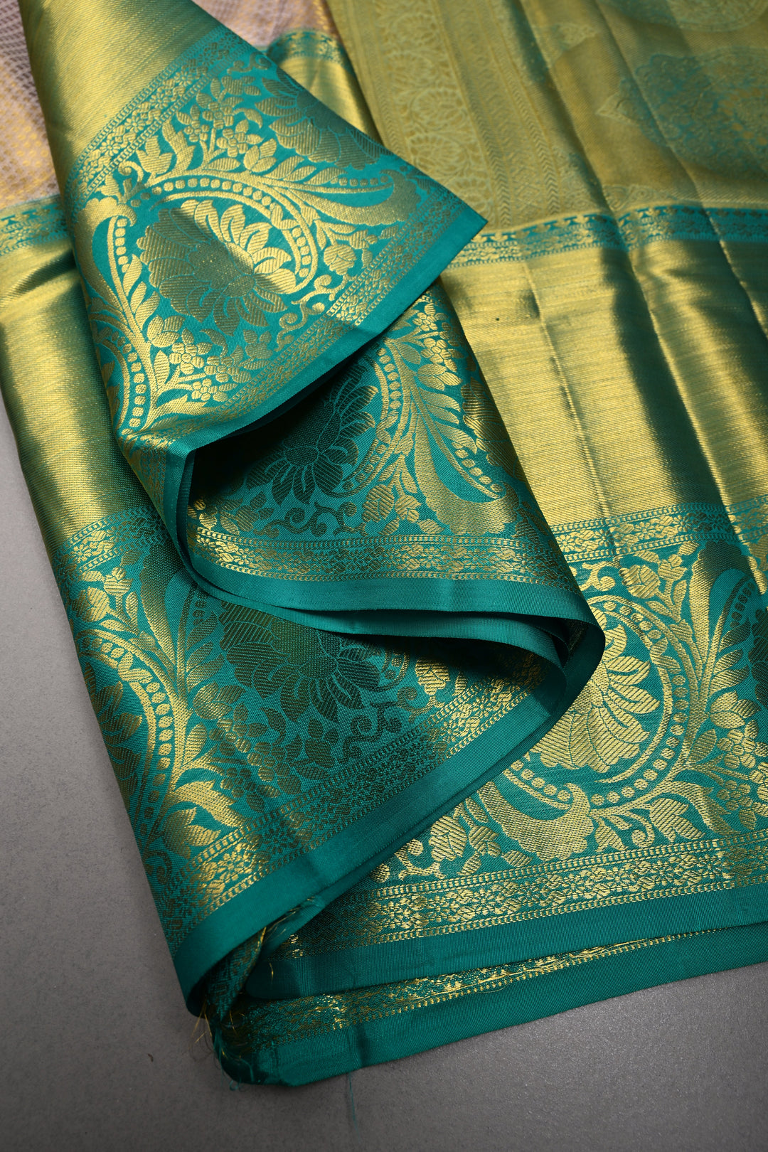 Light Lilac-Gold Pure Kanjivaram Tissue Silk Saree with Geometric Zari Brocade and Contrast Wide Zari Border | SILK MARK CERTIFIED | SHOBITAM
