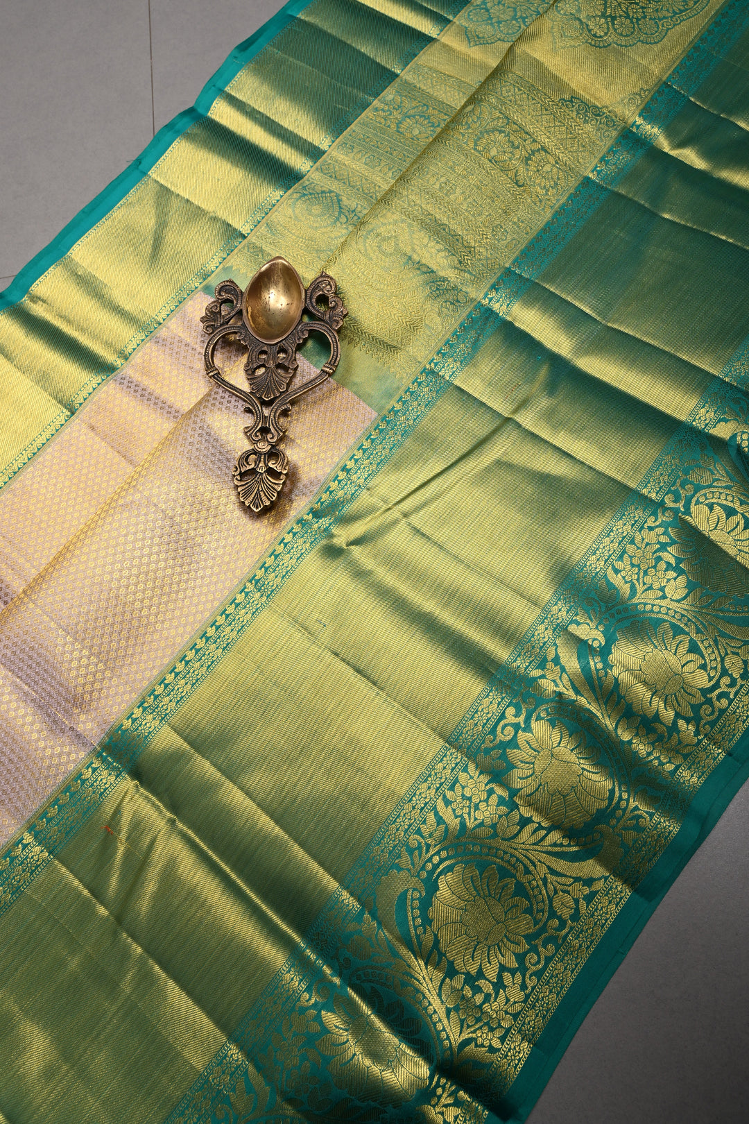 Light Lilac-Gold Pure Kanjivaram Tissue Silk Saree with Geometric Zari Brocade and Contrast Wide Zari Border | SILK MARK CERTIFIED | SHOBITAM