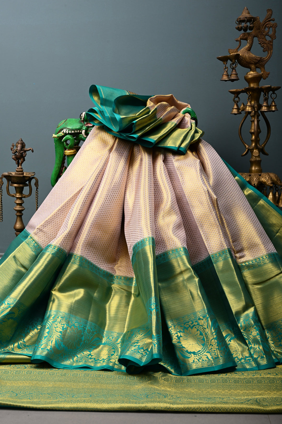 Light Lilac-Gold Pure Kanjivaram Tissue Silk Saree with Geometric Zari Brocade and Contrast Wide Zari Border | SILK MARK CERTIFIED | SHOBITAM