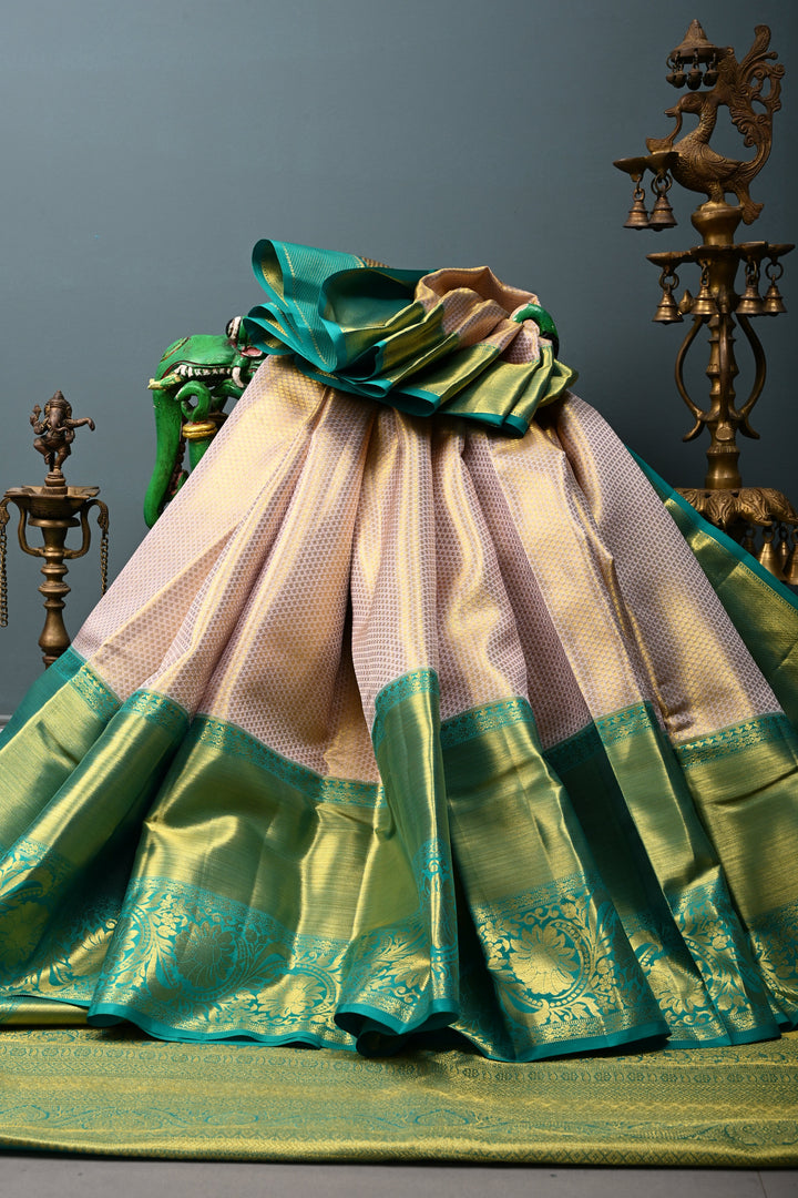 Light Lilac-Gold Pure Kanjivaram Tissue Silk Saree with Geometric Zari Brocade and Contrast Wide Zari Border | SILK MARK CERTIFIED | SHOBITAM