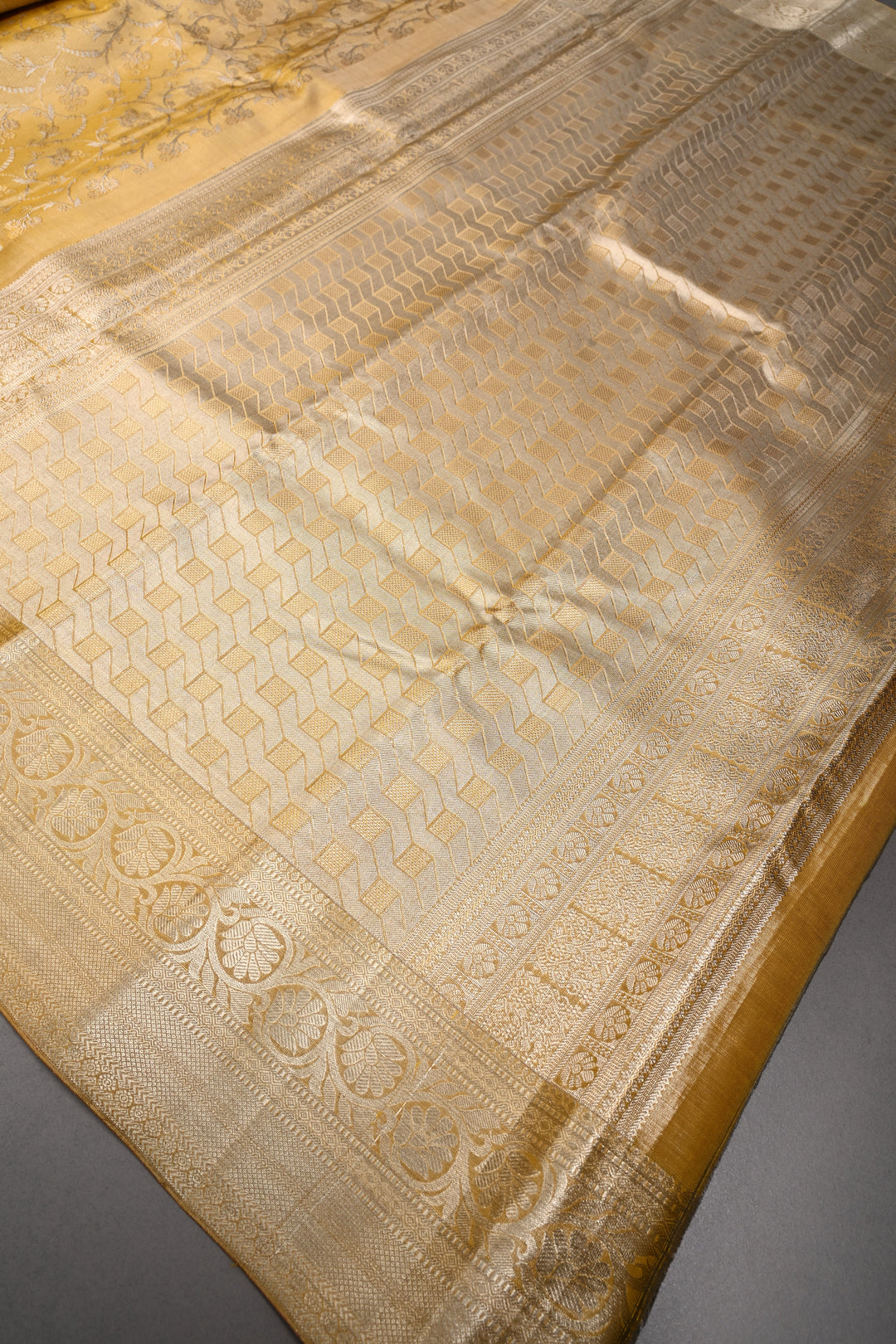 Gold Pure Kanjivaram Tissue Silk Saree with Meenakari Floral Brocade Jaal and Zari Border | SILK MARK CERTIFIED | SHOBITAM