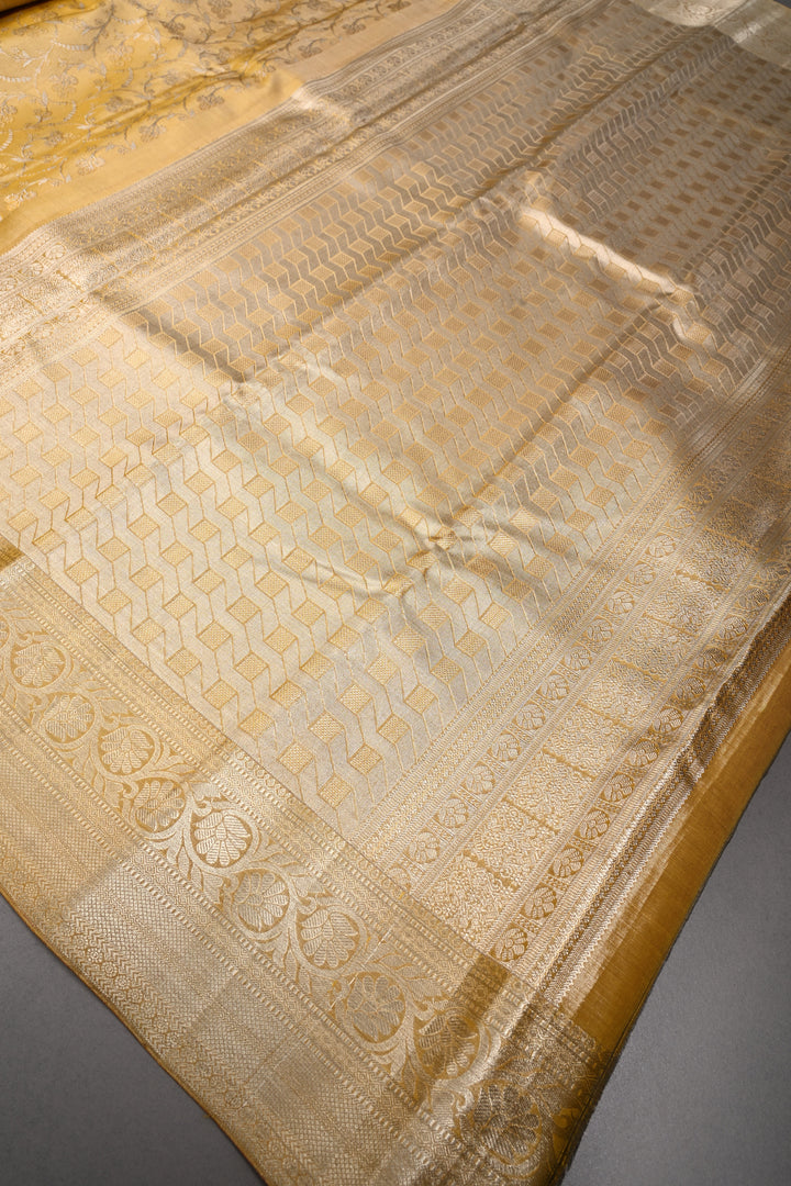 Gold Pure Kanjivaram Tissue Silk Saree with Meenakari Floral Brocade Jaal and Zari Border | SILK MARK CERTIFIED | SHOBITAM