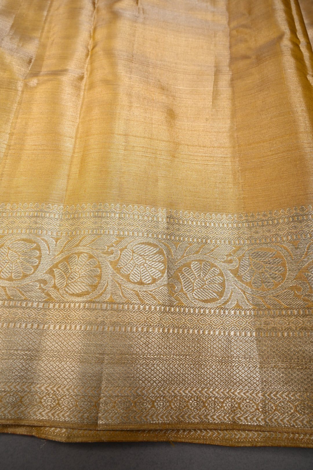 Gold Pure Kanjivaram Tissue Silk Saree with Meenakari Floral Brocade Jaal and Zari Border | SILK MARK CERTIFIED | SHOBITAM