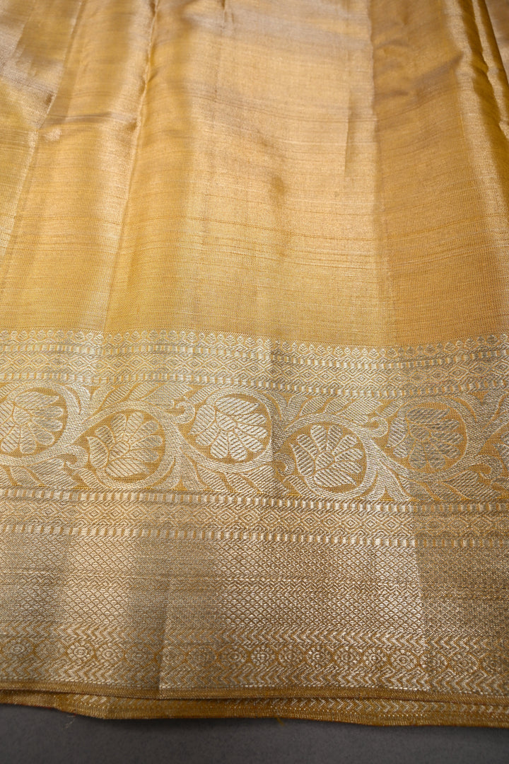 Gold Pure Kanjivaram Tissue Silk Saree with Meenakari Floral Brocade Jaal and Zari Border | SILK MARK CERTIFIED | SHOBITAM