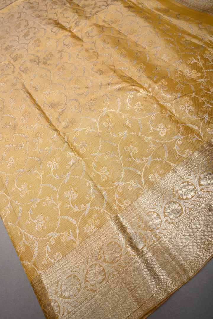 Gold Pure Kanjivaram Tissue Silk Saree with Meenakari Floral Brocade Jaal and Zari Border | SILK MARK CERTIFIED | SHOBITAM