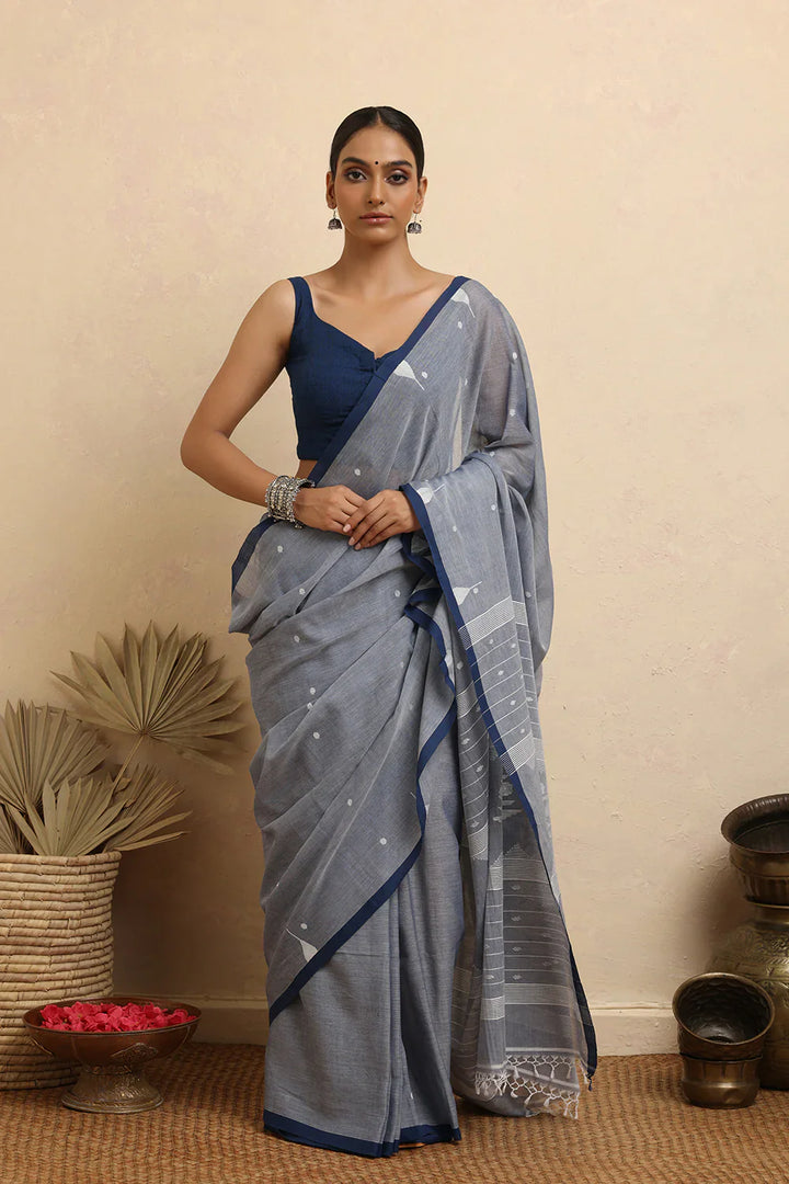 Handloom Grey Pure Cotton Jamdani Saree | SHOBITAM