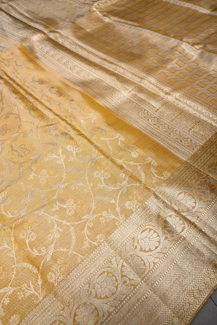 Gold Pure Kanjivaram Tissue Silk Saree with Meenakari Floral Brocade Jaal and Zari Border | SILK MARK CERTIFIED | SHOBITAM