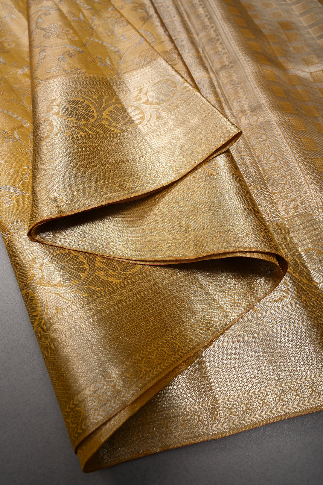 Gold Pure Kanjivaram Tissue Silk Saree with Meenakari Floral Brocade Jaal and Zari Border | SILK MARK CERTIFIED | SHOBITAM