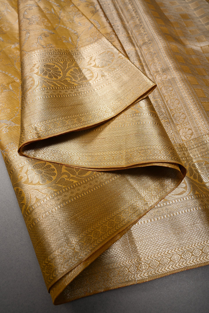 Gold Pure Kanjivaram Tissue Silk Saree with Meenakari Floral Brocade Jaal and Zari Border | SILK MARK CERTIFIED | SHOBITAM