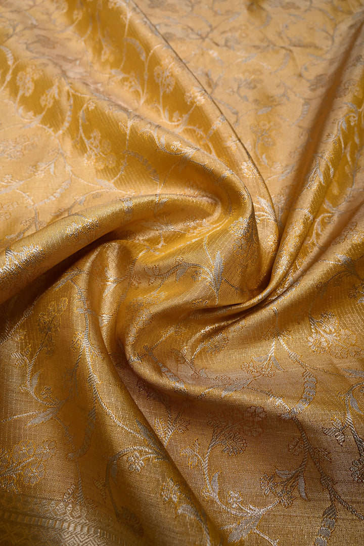Gold Pure Kanjivaram Tissue Silk Saree with Meenakari Floral Brocade Jaal and Zari Border | SILK MARK CERTIFIED | SHOBITAM