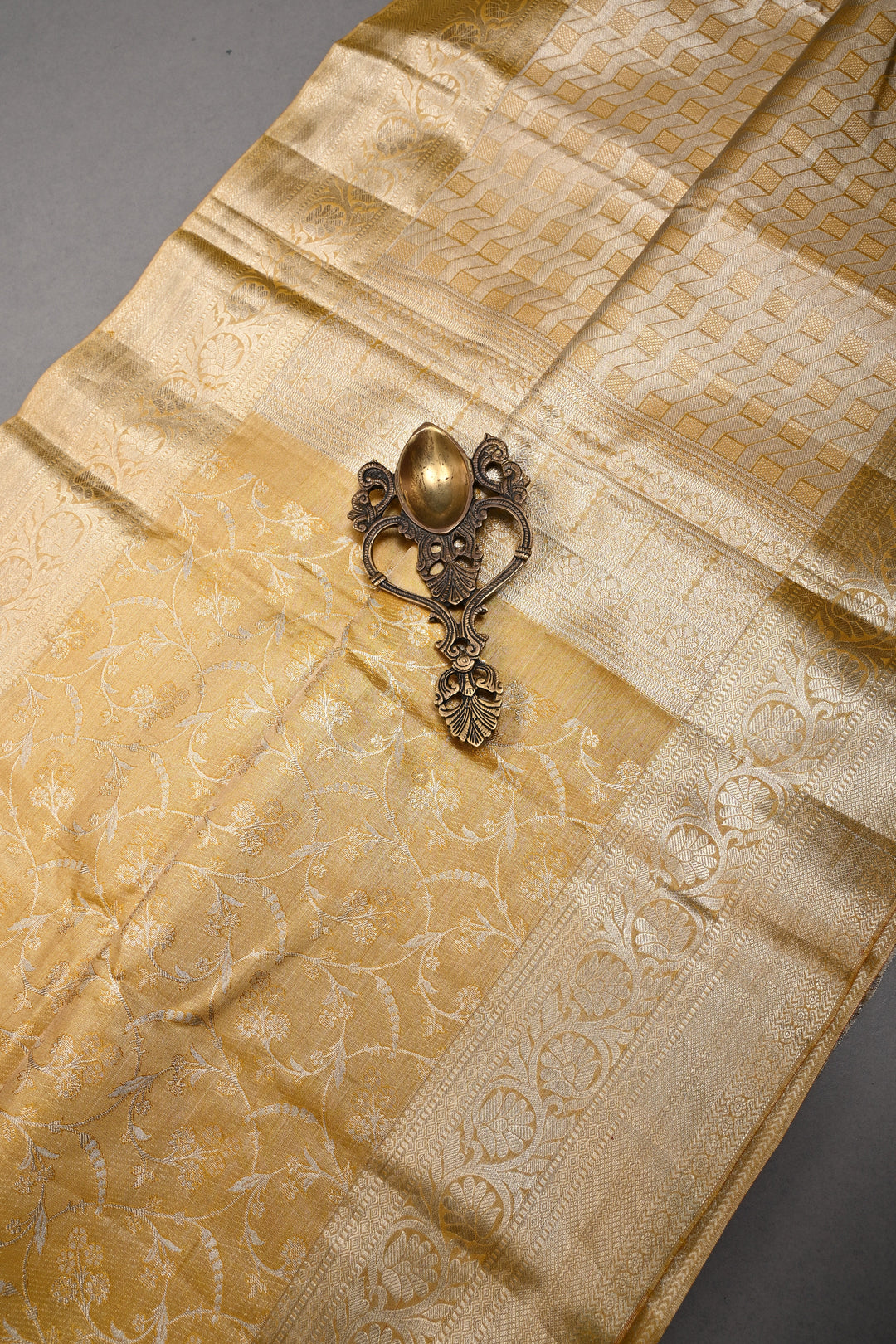 Gold Pure Kanjivaram Tissue Silk Saree with Meenakari Floral Brocade Jaal and Zari Border | SILK MARK CERTIFIED | SHOBITAM