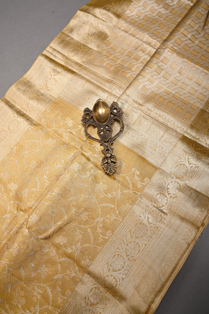 Gold Pure Kanjivaram Tissue Silk Saree with Meenakari Floral Brocade Jaal and Zari Border | SILK MARK CERTIFIED | SHOBITAM