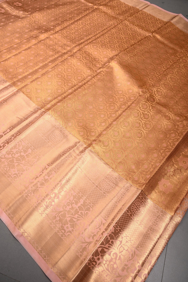 Peach Kanjivaram Tissue Semi Silk Saree with Meenakari Floral Jaal Brocade and Wide Zari Border | SHOBITAM