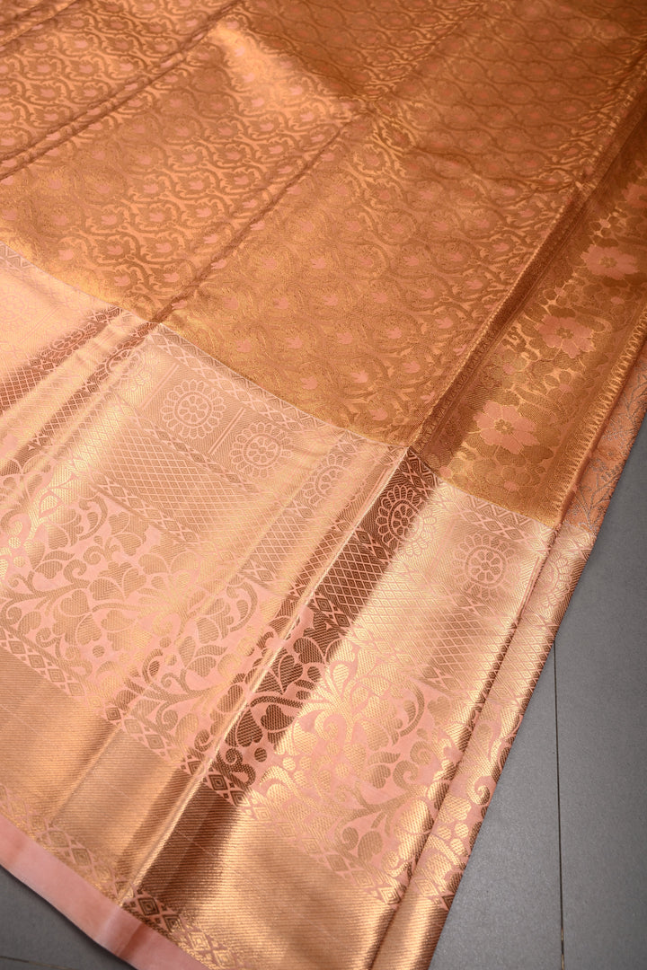 Peach Kanjivaram Tissue Semi Silk Saree with Meenakari Floral Jaal Brocade and Wide Zari Border | SHOBITAM