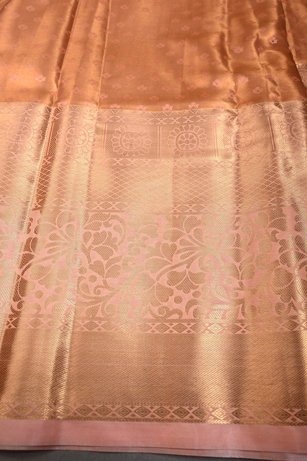 Peach Kanjivaram Tissue Semi Silk Saree with Meenakari Floral Jaal Brocade and Wide Zari Border | SHOBITAM