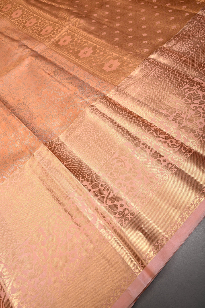 Peach Kanjivaram Tissue Semi Silk Saree with Meenakari Floral Jaal Brocade and Wide Zari Border | SHOBITAM