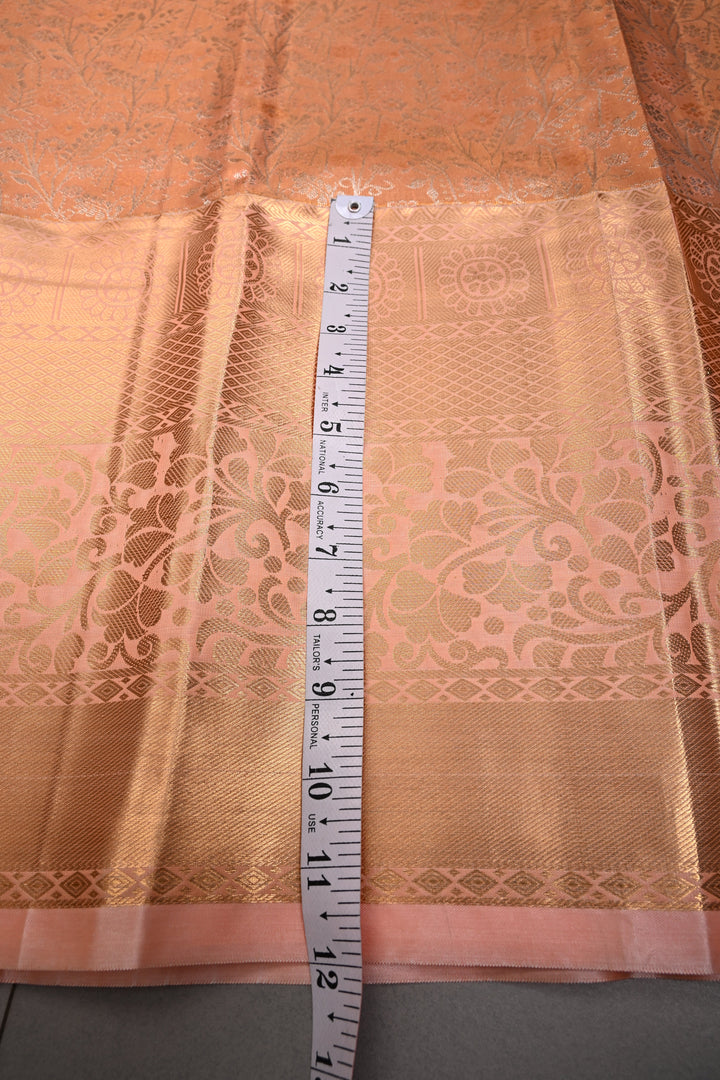 Peach Kanjivaram Tissue Semi Silk Saree with Meenakari Floral Jaal Brocade and Wide Zari Border | SHOBITAM