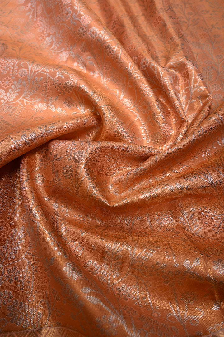 Peach Kanjivaram Tissue Semi Silk Saree with Meenakari Floral Jaal Brocade and Wide Zari Border | SHOBITAM