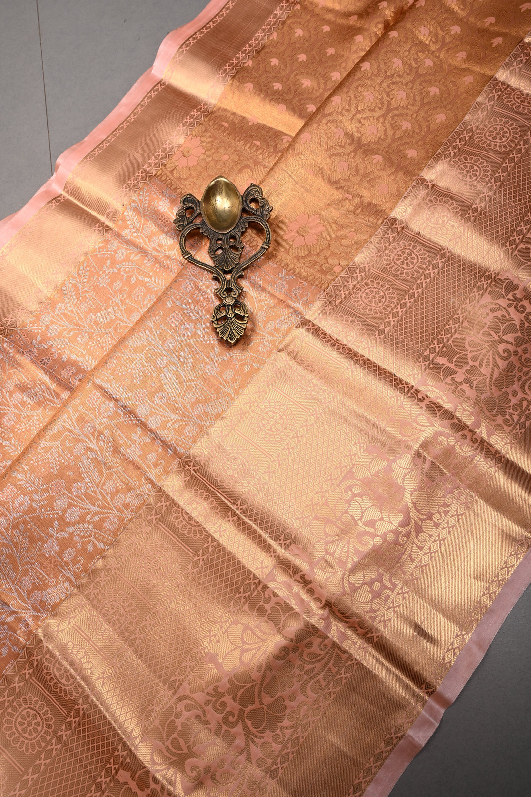 Peach Kanjivaram Tissue Semi Silk Saree with Meenakari Floral Jaal Brocade and Wide Zari Border | SHOBITAM