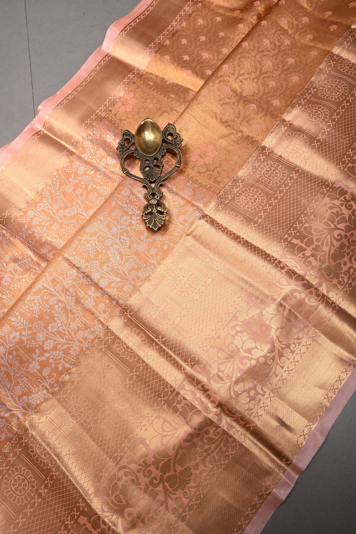 Peach Kanjivaram Tissue Semi Silk Saree with Meenakari Floral Jaal Brocade and Wide Zari Border | SHOBITAM