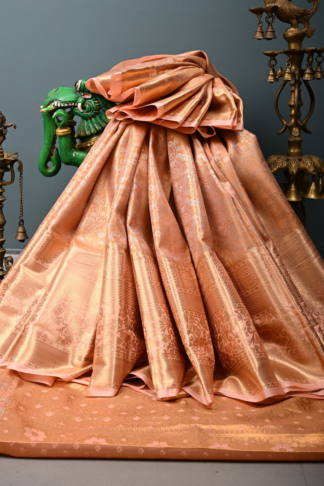 Peach Kanjivaram Tissue Semi Silk Saree with Meenakari Floral Jaal Brocade and Wide Zari Border | SHOBITAM