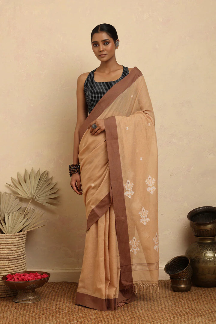 Handloom Beige Pure Cotton Jamdani Saree | SHOBITAM