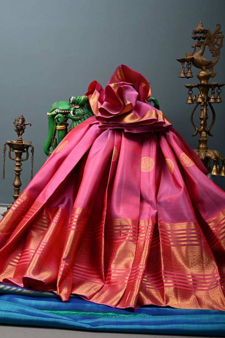 Mauvish  Pink Pure Kanjivaram Silk Saree with Zari Buttas and Wide Zari Border | SILK MARK CERTIFIED | SHOBITAM