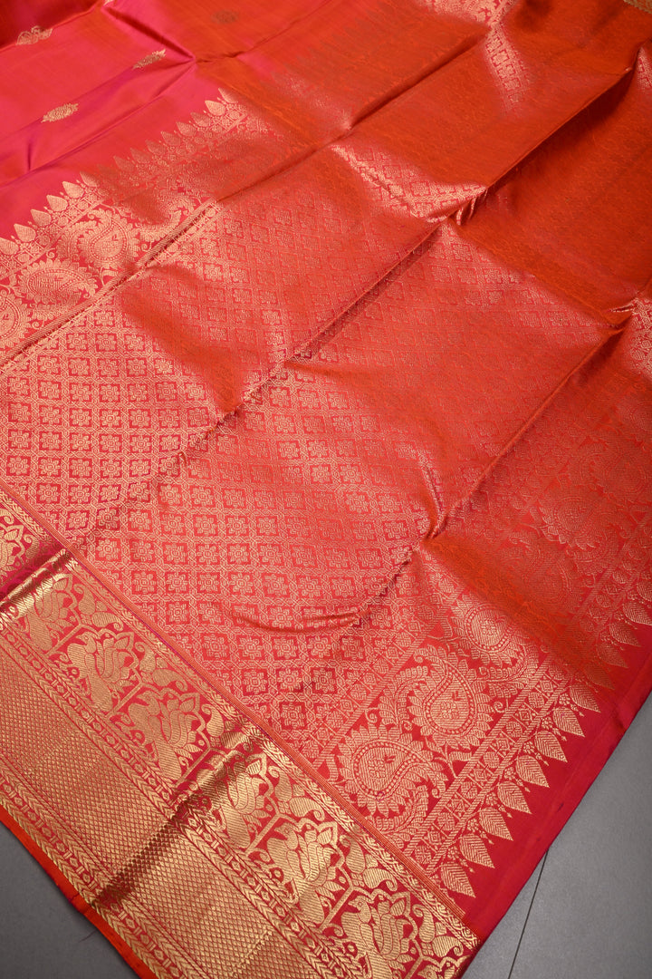 Orange-Pink Dual Tone Pure Kanjivaram Silk Saree with Zari Buttas and Zari Border | SILK MARK CERTIFIED | SHOBITAM