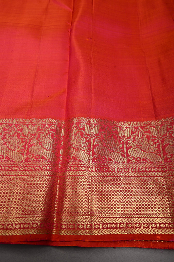 Orange-Pink Dual Tone Pure Kanjivaram Silk Saree with Zari Buttas and Zari Border | SILK MARK CERTIFIED | SHOBITAM