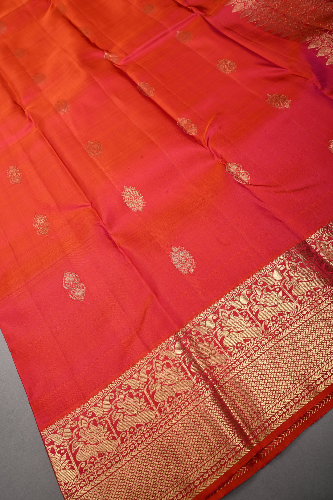 Orange-Pink Dual Tone Pure Kanjivaram Silk Saree with Zari Buttas and Zari Border | SILK MARK CERTIFIED | SHOBITAM