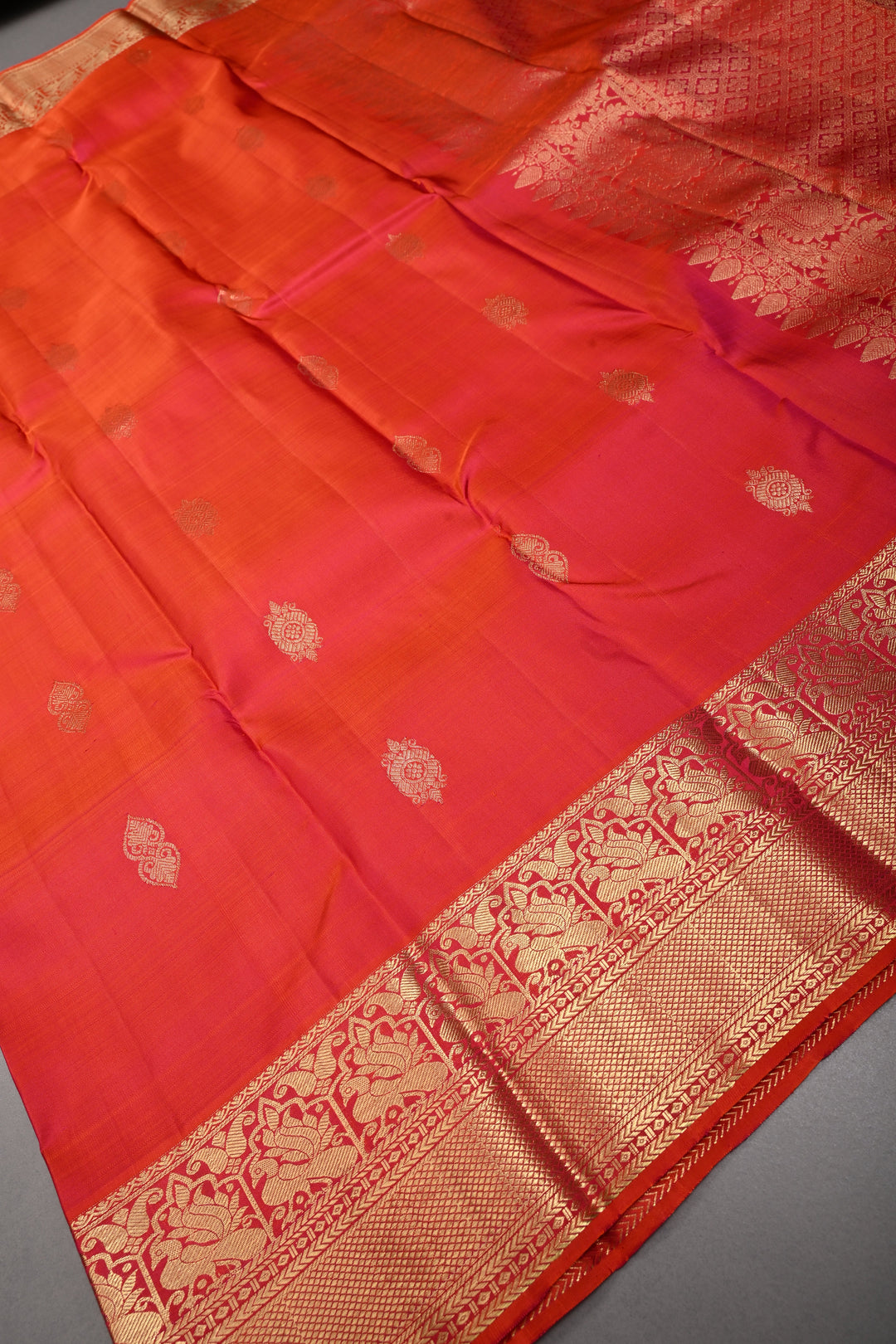 Orange-Pink Dual Tone Pure Kanjivaram Silk Saree with Zari Buttas and Zari Border | SILK MARK CERTIFIED | SHOBITAM