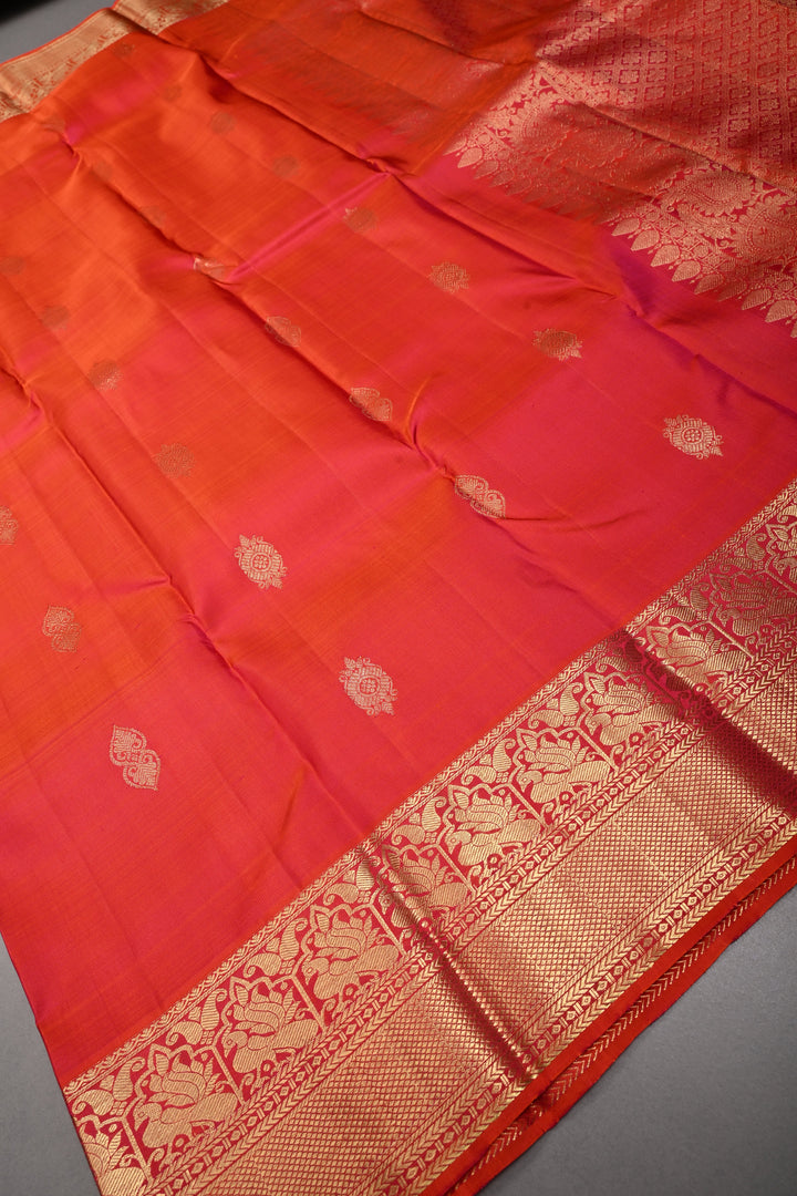 Orange-Pink Dual Tone Pure Kanjivaram Silk Saree with Zari Buttas and Zari Border | SILK MARK CERTIFIED | SHOBITAM