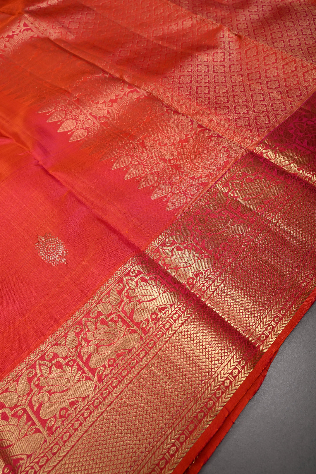 Orange-Pink Dual Tone Pure Kanjivaram Silk Saree with Zari Buttas and Zari Border | SILK MARK CERTIFIED | SHOBITAM