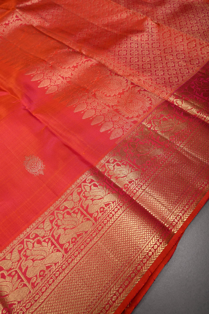 Orange-Pink Dual Tone Pure Kanjivaram Silk Saree with Zari Buttas and Zari Border | SILK MARK CERTIFIED | SHOBITAM
