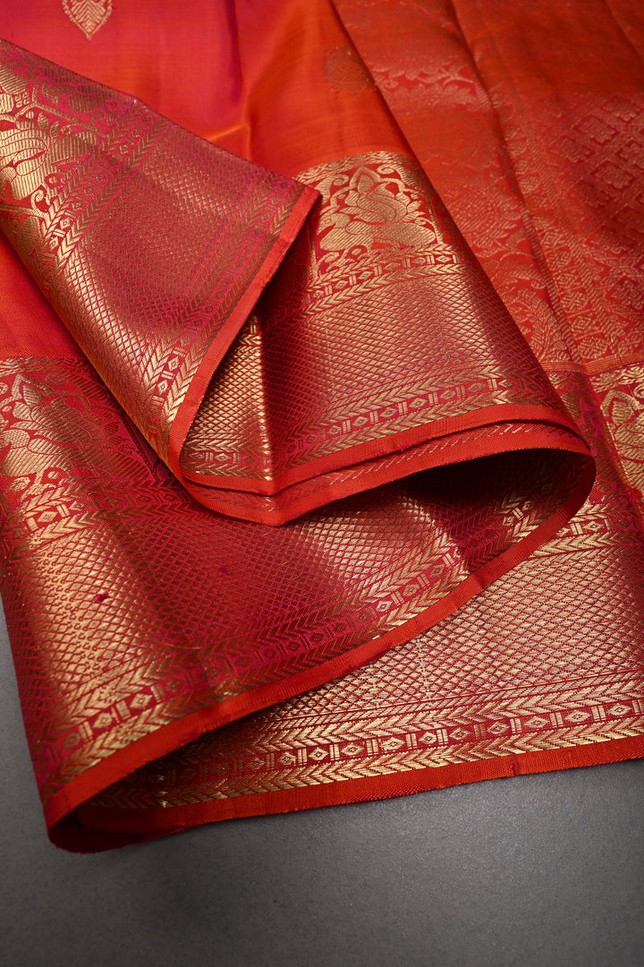 Orange-Pink Dual Tone Pure Kanjivaram Silk Saree with Zari Buttas and Zari Border | SILK MARK CERTIFIED | SHOBITAM