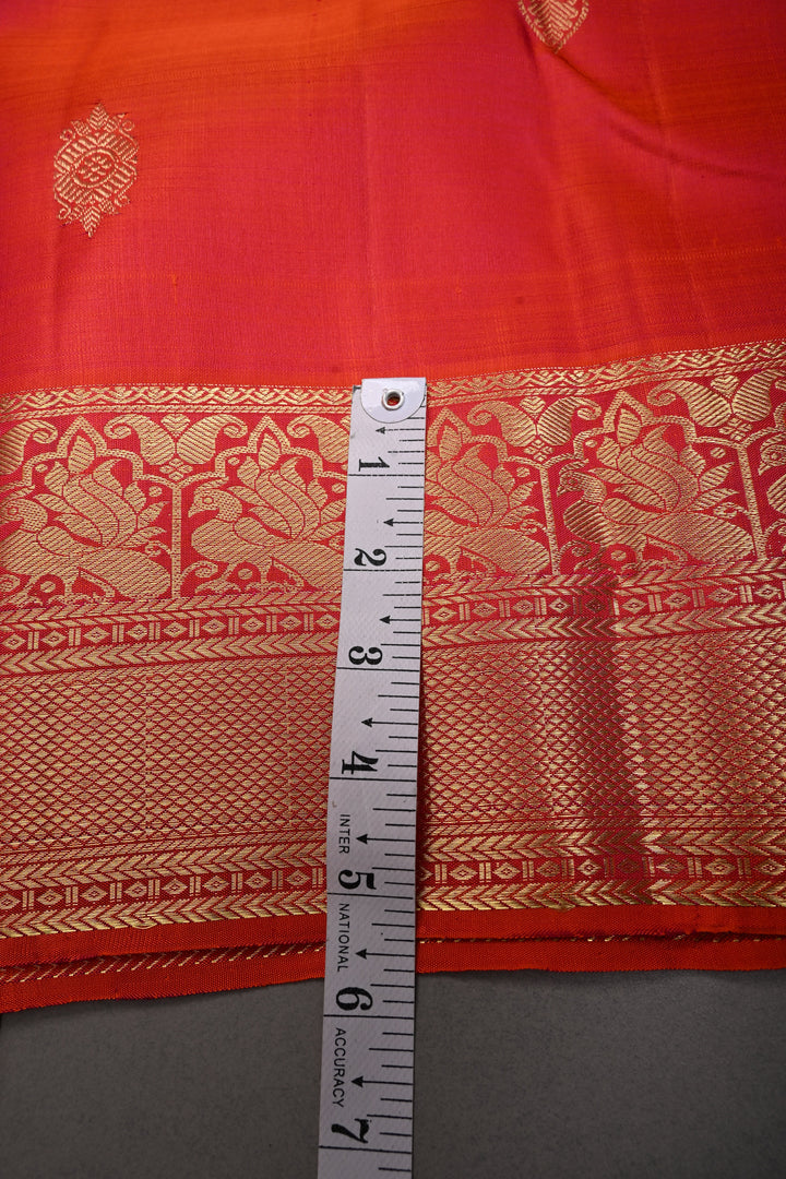 Orange-Pink Dual Tone Pure Kanjivaram Silk Saree with Zari Buttas and Zari Border | SILK MARK CERTIFIED | SHOBITAM