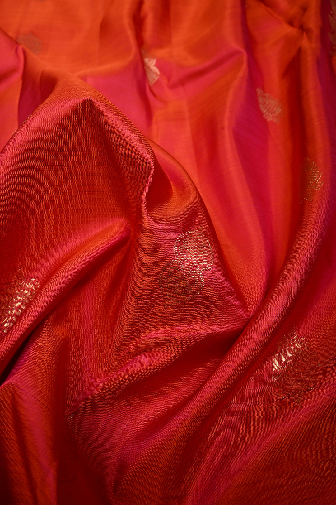 Orange-Pink Dual Tone Pure Kanjivaram Silk Saree with Zari Buttas and Zari Border | SILK MARK CERTIFIED | SHOBITAM