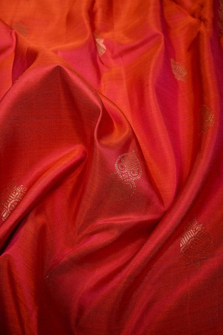 Orange-Pink Dual Tone Pure Kanjivaram Silk Saree with Zari Buttas and Zari Border | SILK MARK CERTIFIED | SHOBITAM