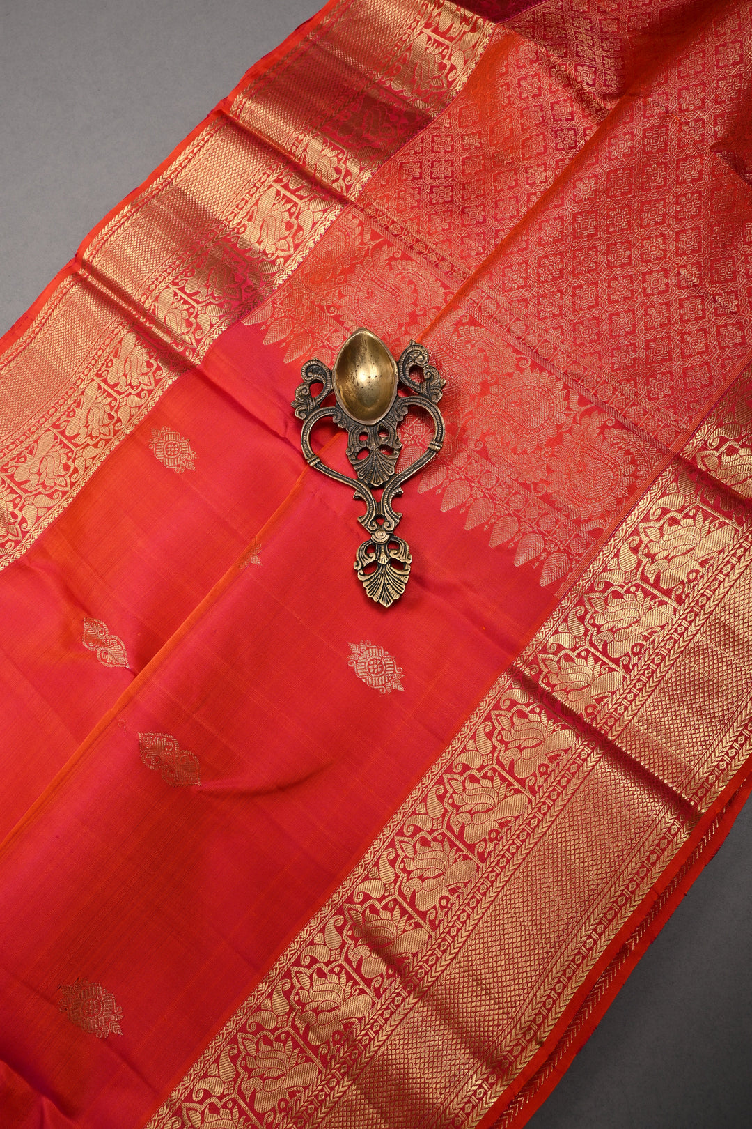 Orange-Pink Dual Tone Pure Kanjivaram Silk Saree with Zari Buttas and Zari Border | SILK MARK CERTIFIED | SHOBITAM