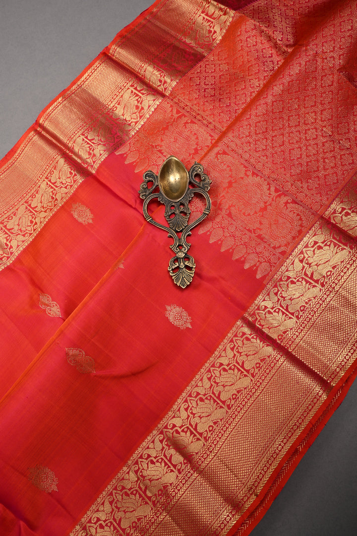 Orange-Pink Dual Tone Pure Kanjivaram Silk Saree with Zari Buttas and Zari Border | SILK MARK CERTIFIED | SHOBITAM