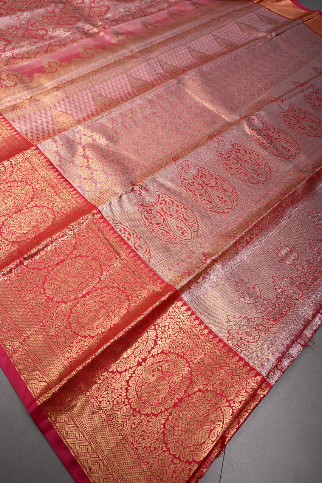 Red Kanjivaram Tissue Semi Silk Saree with Meenakari Floral Brocade and Zari Border | SHOBITAM